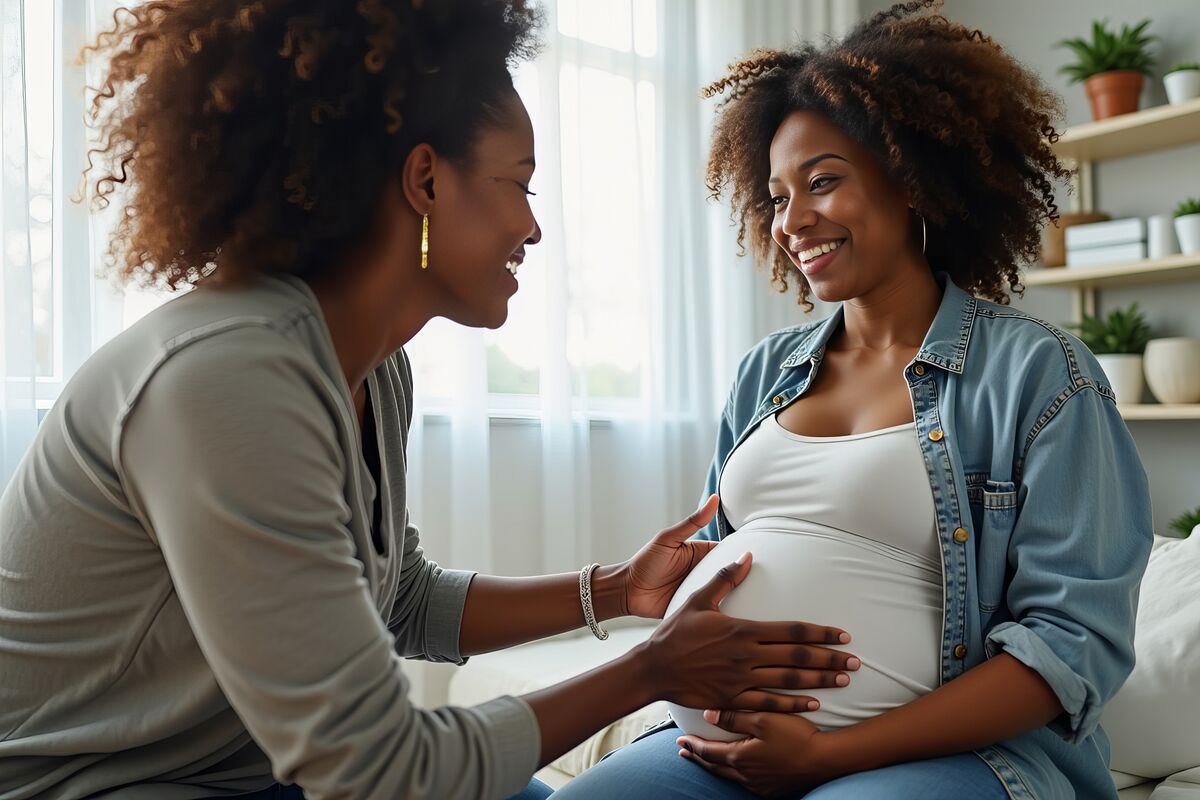 A doula talking with an expectant mother at home